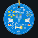 Personalized Baby's First  Hanukkah Ceramic Ornament<br><div class="desc">Happy Hanukkah! Celebrate Hanukkah  this year with beautiful holiday design. Navy blue background with white Menorah and another Hanukkah items.</div>