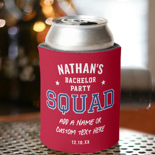 Personalized Bachelor Party Squad Crimson Red Navy Can Cooler
