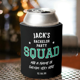 Personalized Bachelor Party Squad Green Black Can Cooler
