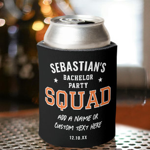 Personalized Bachelor Party Squad Orange Black Can Cooler
