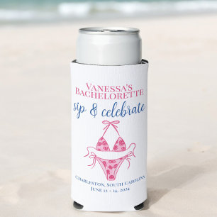 Personalized Bachelorette Bikini Sip and Celebrate Seltzer Can Cooler