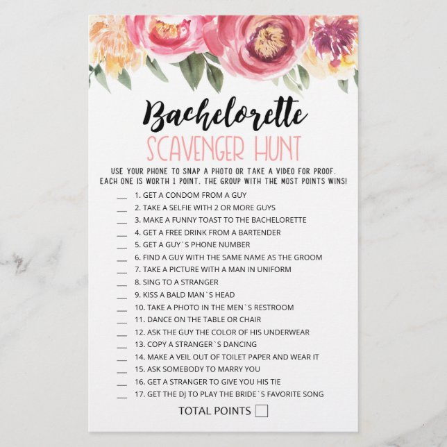 Personalized Bachelorette Scavenger Hunt game (Front)