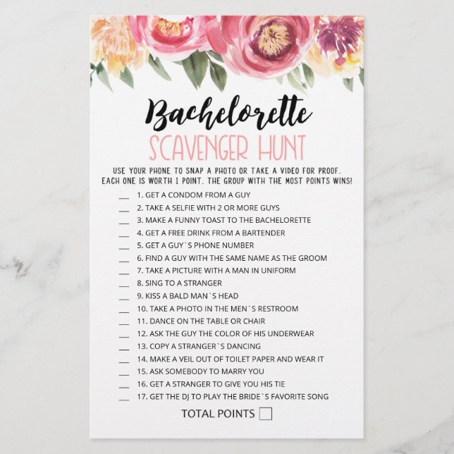 Personalized Bachelorette Scavenger Hunt game (Front)