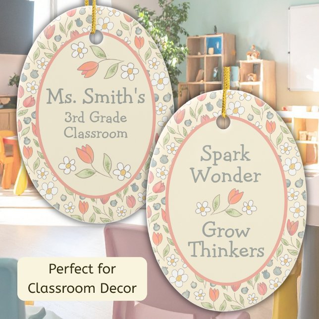 Personalized Back‑to‑School Floral Teacher Ceramic Ornament (Back to School Teacher Classroom Decor Ornament for Cheerful Learning Environment)
