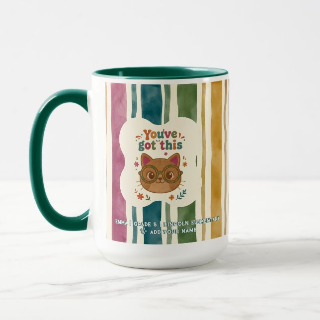 Personalized Back to School Retro Striped Cat Mug (Left)