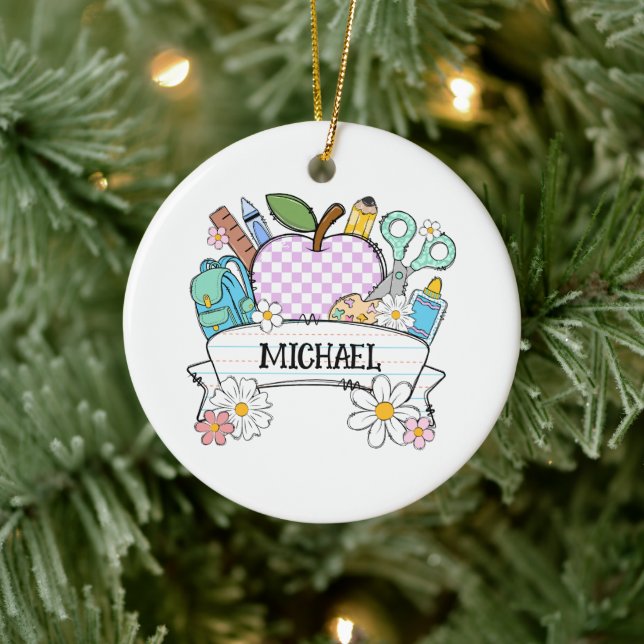 Personalized Back-to-School Supplies with Apple 2 Ceramic Ornament (Tree)
