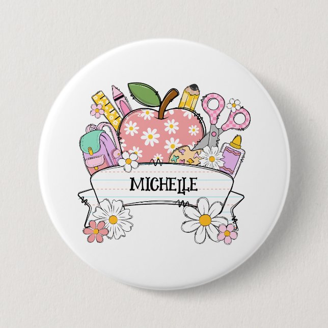 Personalized Back-to-School Supplies with Apple 3 Inch Round Button (Front)