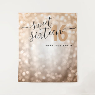 Personalized Backdrop Rose Gold Lights Sweet 16 Tapestry