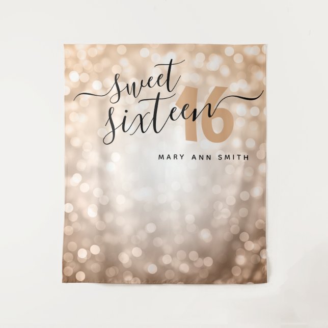 Personalized Backdrop Rose Gold Lights Sweet 16 Tapestry (Front)