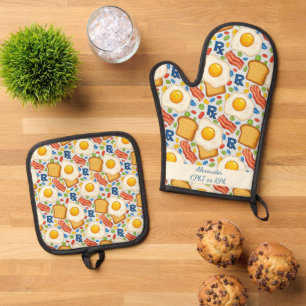 Personalized Bacon & Eggs Pharmacy RX Oven Mitt & Pot Holder Set