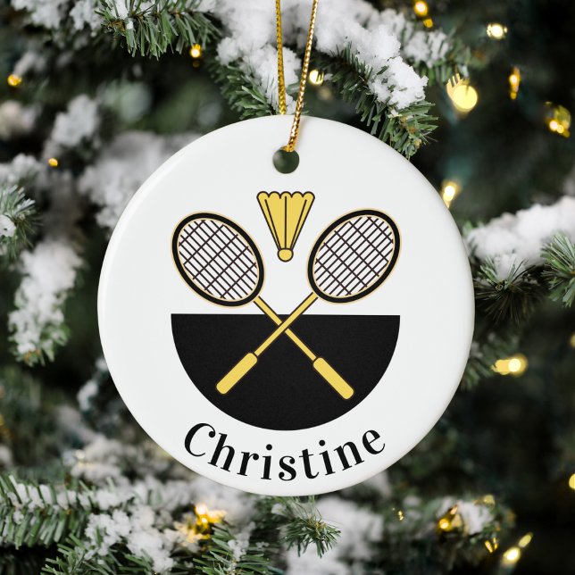Personalized Badminton Rackets & Bird Yellow Black Ceramic Ornament (Creator Uploaded)