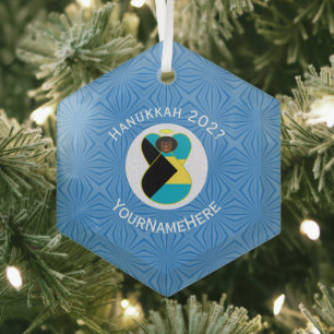 Personalized Bahamas Black Angel Hanukkah Flag Glass Ornament