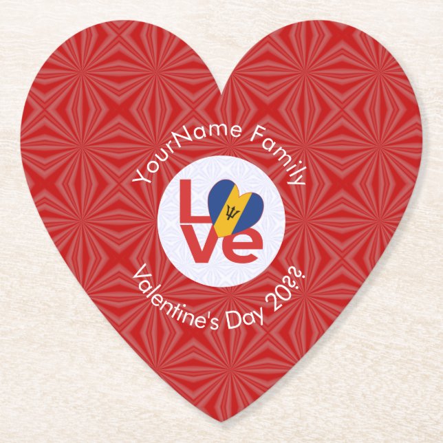 Personalized Bajan Red LOVE Flag Paper Coaster (Front)