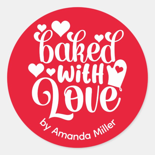 Personalized Baked With Love Red Baking Classic Round Sticker (Front)