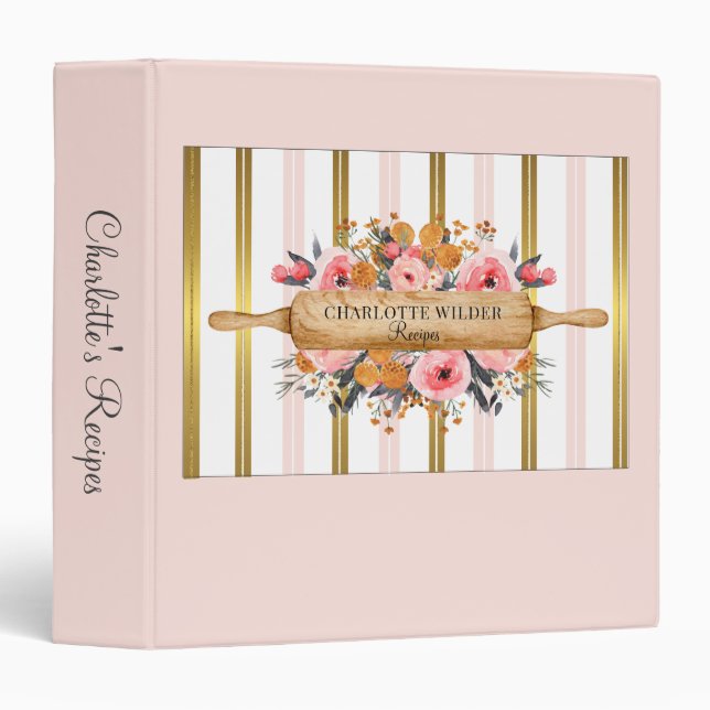 Personalized Bakers Rolling Pin Pink Recipe Binder (Front/Spine)