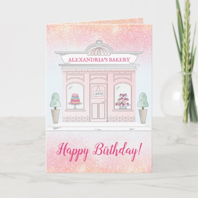 Personalized Bakery Happy Birthday Pink Glitter Card (Front)