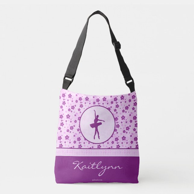 Personalized Ballet Dancer Purple Heart Floral Crossbody Bag (Front)