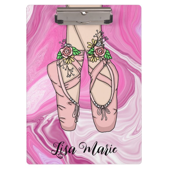 Personalized Ballet Slippers Pink and White Marble Clipboard (Front)