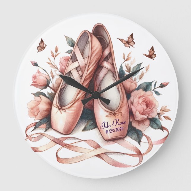 Personalized Ballet Slippers & Roses Wall Clock (Front)
