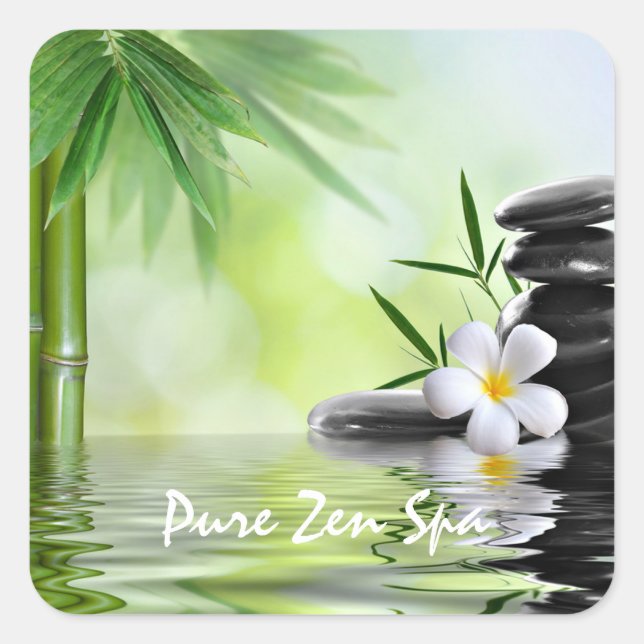 Personalized Bamboo Zen Stones Water Plumeria Square Sticker (Front)