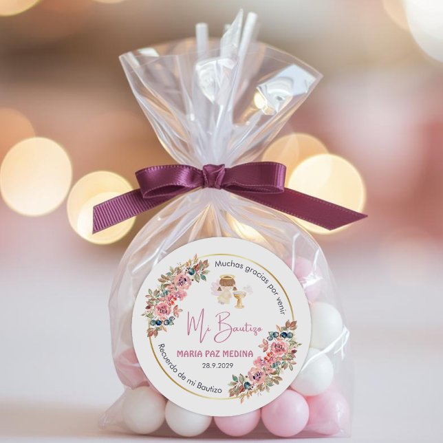 Personalized Baptism and Favours Gifts Pink Flower Classic Round Sticker (Creator Uploaded)