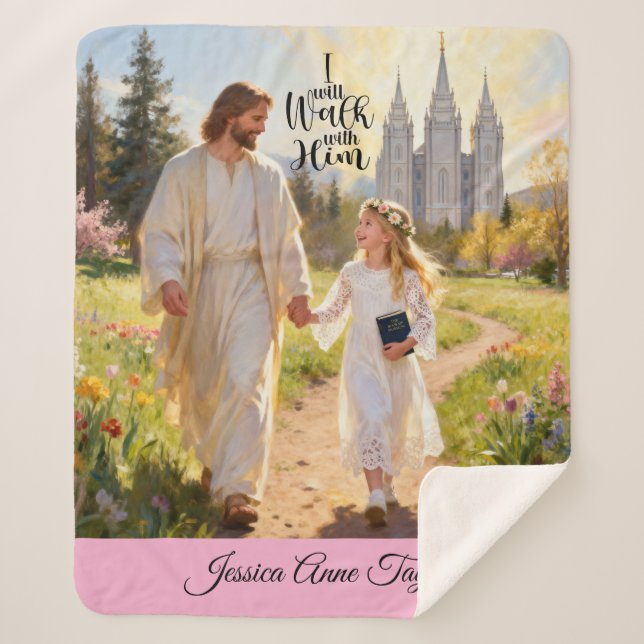 Personalized Baptism Blanket-I Will Walk With Him Sherpa Blanket (Front)