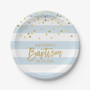 Personalized Baptism BOY Blue Gold Stripes Paper Plate