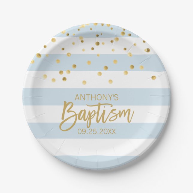 Personalized Baptism BOY Blue Gold Stripes Paper Plate (Front)