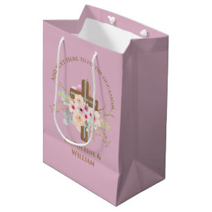 Personalized Baptism & Christening Floral Cross Medium Gift Bag