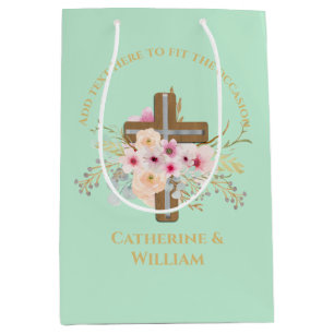 Personalized Baptism & Christening Floral Cross Medium Gift Bag