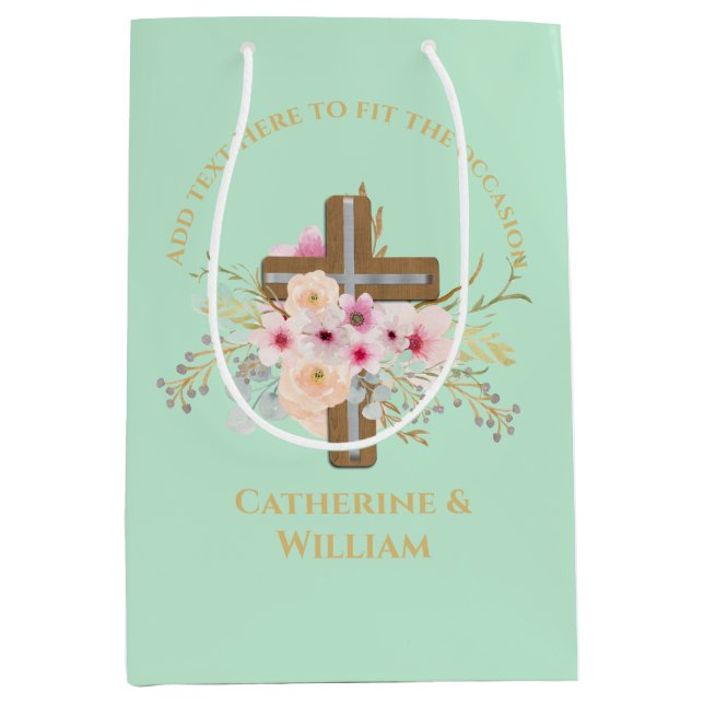 Personalized Baptism & Christening Floral Cross Medium Gift Bag (Front)