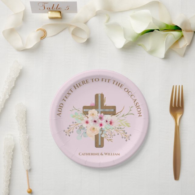 Personalized Baptism & Christening Floral Cross Paper Plate (Wedding)