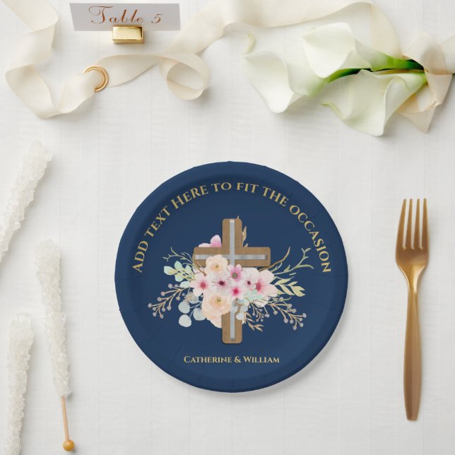 Personalized Baptism & Christening Floral Cross Paper Plate (Wedding)