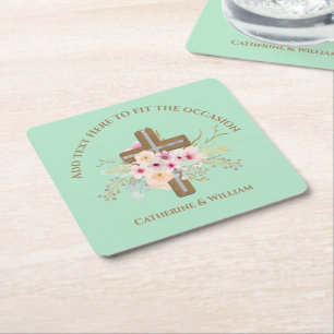 Personalized Baptism & Christening Floral Cross Square Paper Coaster