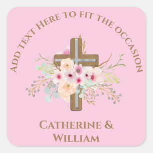 Personalized Baptism & Christening Floral Cross Square Sticker