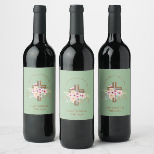Personalized Baptism & Christening Floral Cross Wine Label