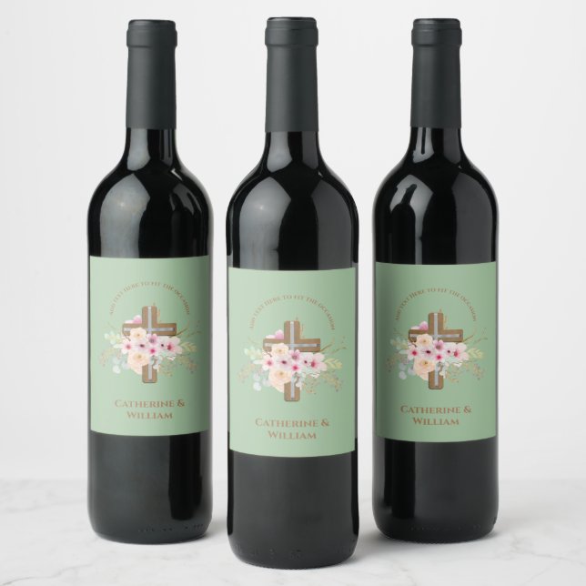 Personalized Baptism & Christening Floral Cross Wine Label (Bottles)