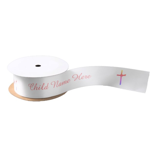  Personalized Baptism Communion Rose Pink Cross Satin Ribbon (Spool)
