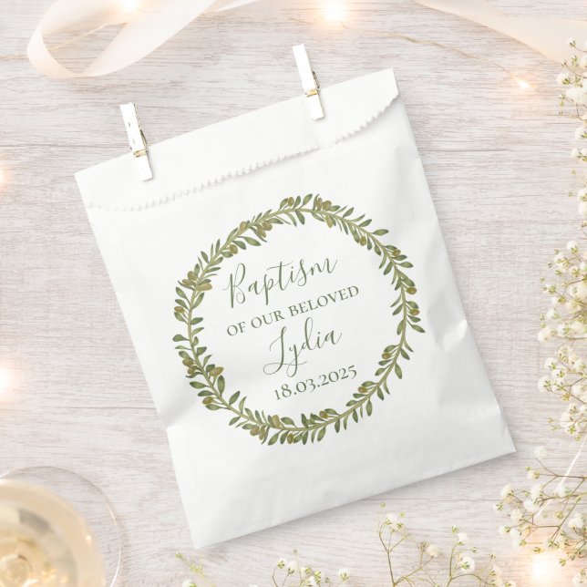 Personalized Baptism Favour Bag with Olive Wreath (Clipped)