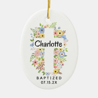 Personalized Baptism Girl Floral Cross Two Sides Ceramic Ornament