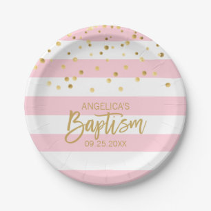 Personalized Baptism GIRL Pink Gold Stripes Paper Plate