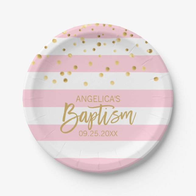Personalized Baptism GIRL Pink Gold Stripes Paper Plate (Front)