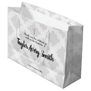 Personalized Baptism Grey Gold Cross Baby Large Gift Bag