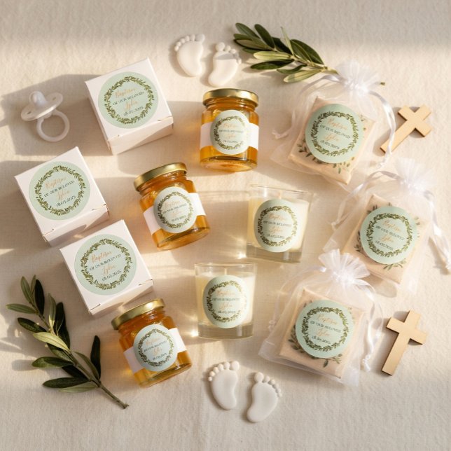 Personalized Baptism Olive Wreath Classic Round Sticker (Creator Uploaded)
