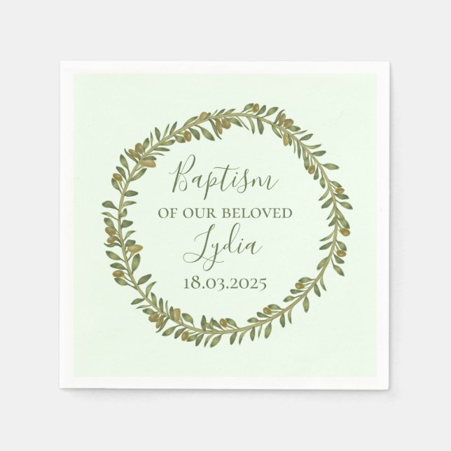 Personalized Baptism Olive Wreath Paper Napkin (Front)