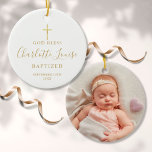 Personalized Baptism Photo Gold Signature Girl Boy Ceramic Ornament<br><div class="desc">Featuring golden script signature name. Personalize with your special photo and baptism or christening information in chic gold lettering. Designed by Thisisnotme©</div>