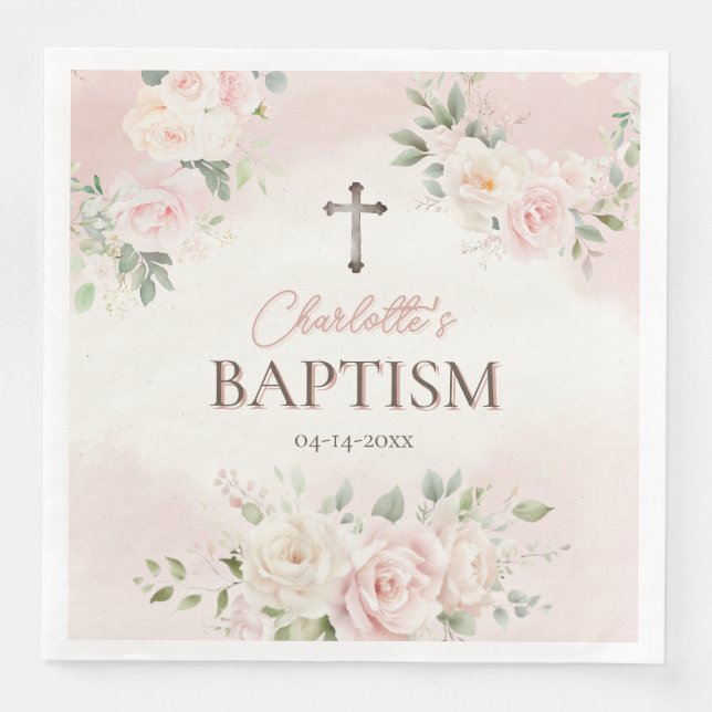 Personalized Baptism Pink Roses Napkin (Front)