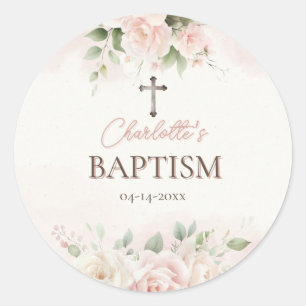 Personalized Baptism Sticker - Elegant Pink Roses 