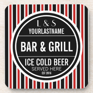 Personalized Bar and Grill Black White Red Coaster