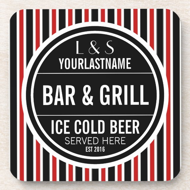 Personalized Bar and Grill Black White Red Coaster (Front)